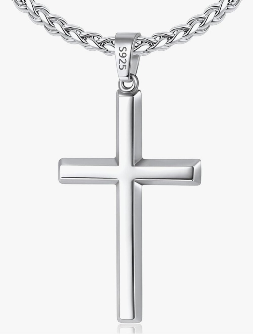 18" Sterling Silver Cross Pendant And Stainless Steel Wheat Chain Necklace